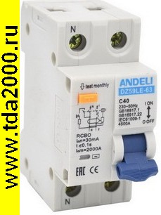 Брейкер DZ59LE-40 1P+N 40A 30mA х-ка 4.5kA