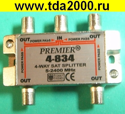 Антенный разветвитель 1-4 PREMIER (сплиттер делитель на 4 телевизора) с проходом питания 5-2400МГц