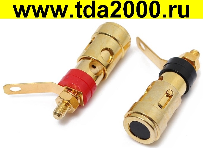 Разъём Банан гнездо BANANA 40мм с пружиной металл «позолоченный» на корпус, красный и черный. Кабель до 6.0мм.
